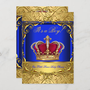 Royal Blue Damask Gold Crown Baby Shower Boy 4 Invitation