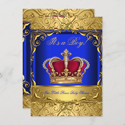 Royal Blue Damask Gold Crown Baby Shower Boy 4 Invitation