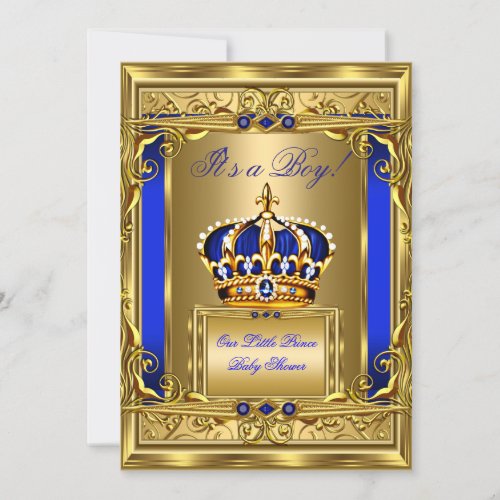 Royal Blue Damask Gold Crown Baby Shower Boy bg4 Invitation