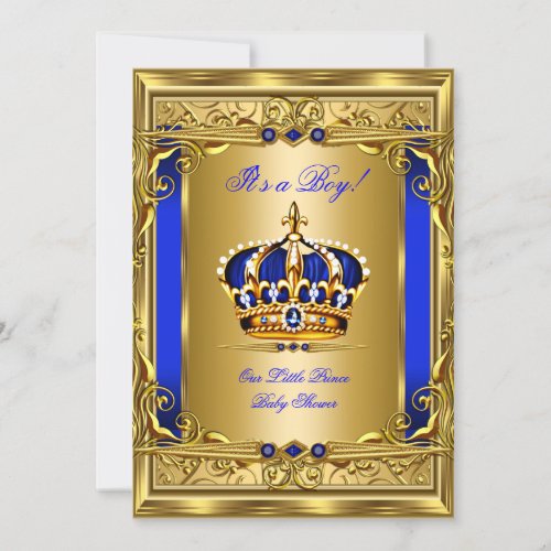 Royal Blue Damask Gold Crown Baby Shower Boy bg5 Invitation