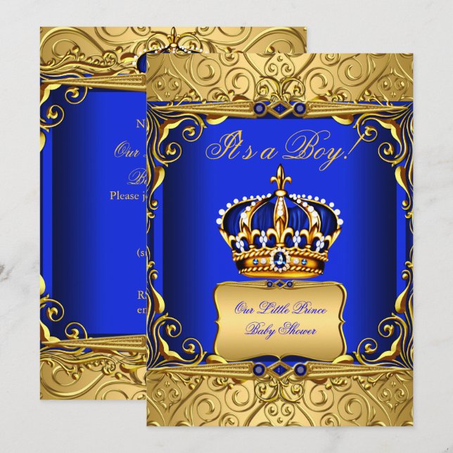 Royal Blue Damask Gold Crown Baby Shower Boy bs2 Invitation (Front/Back)