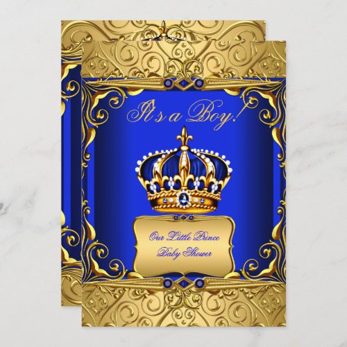 Royal Blue Damask Gold Crown Baby Shower Boy bs2 Invitation