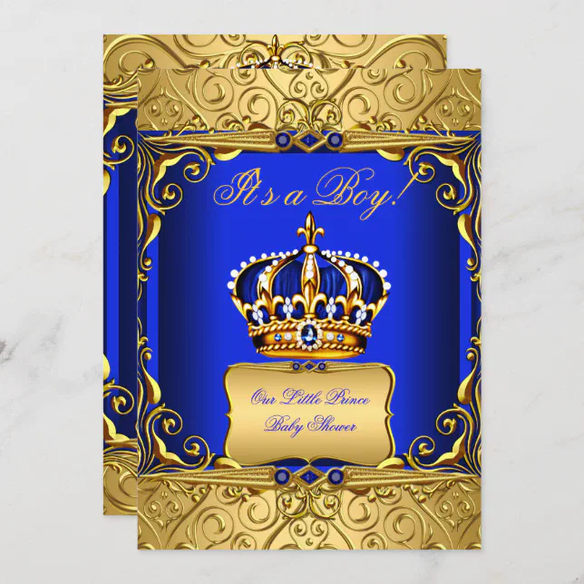 Royal Blue Damask Gold Crown Baby Shower Boy bs2 Invitation | Zazzle