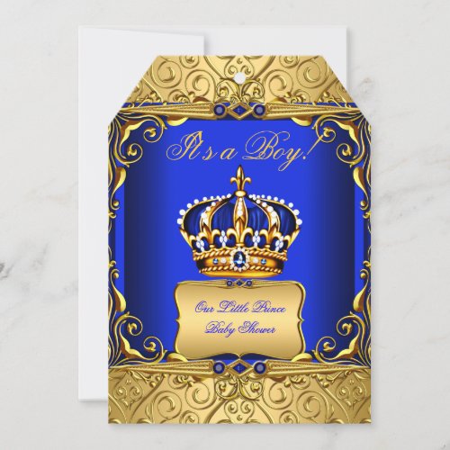 Royal Blue Damask Gold Crown Baby Shower Boy bs2 Invitation