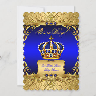 Royal Blue Damask Gold Crown Baby Shower Boy bs3 Invitation