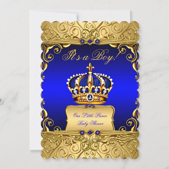 Royal Blue Damask Gold Crown Baby Shower Boy bs3 Invitation (Front)