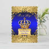 Royal Blue Damask Gold Crown Baby Shower Boy bs3 Invitation (Standing Front)