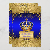 Royal Blue Damask Gold Crown Baby Shower Boy bs3 Invitation (Front/Back)