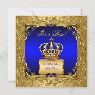 Royal Blue Damask Gold Crown Baby Shower Boy bs4 Invitation