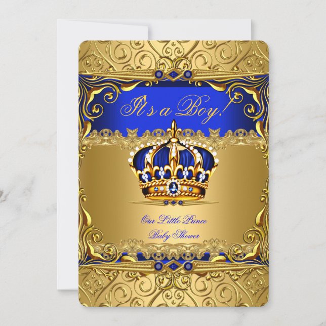Royal Blue Damask Gold Crown Baby Shower Boy bs5 Invitation (Front)