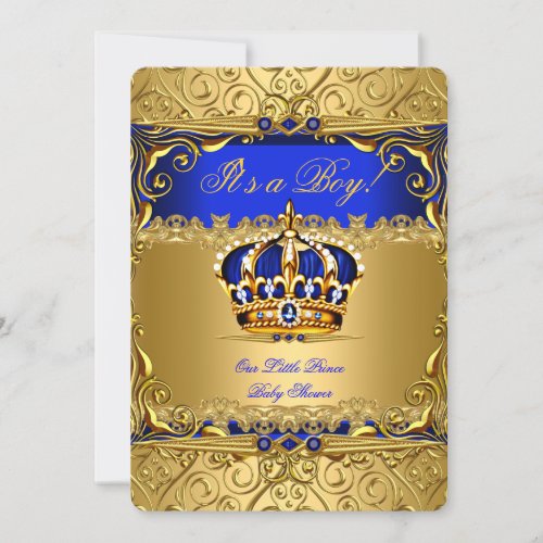 Royal Blue Damask Gold Crown Baby Shower Boy bs5 Invitation