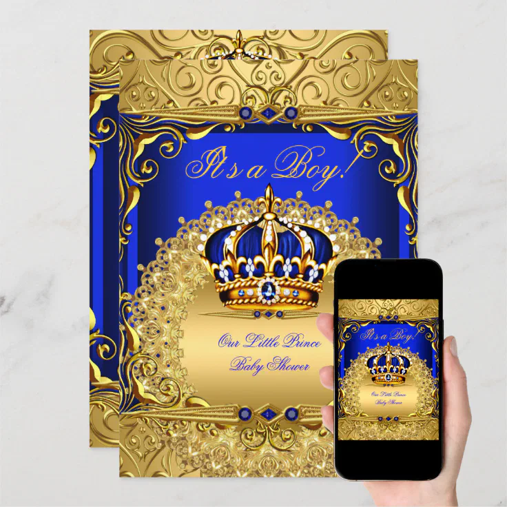 Royal Blue Damask Gold Crown Baby Shower Boy bs6 Invitation | Zazzle