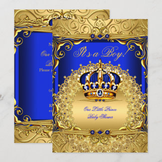 Royal Blue Damask Gold Crown Baby Shower Boy bs6 Invitation