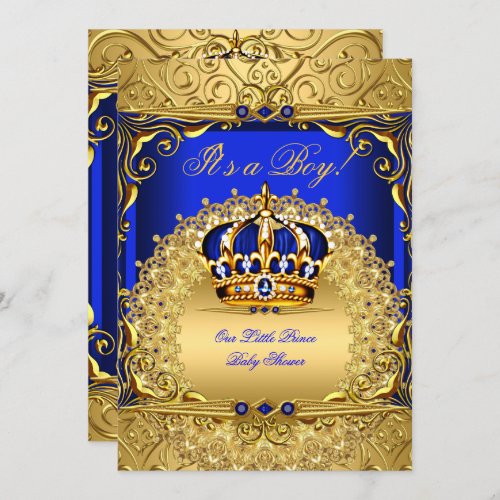 Royal Blue Damask Gold Crown Baby Shower Boy bs6 Invitation