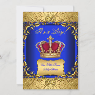 Royal Blue Damask Gold Crown Baby Shower Boy bs Invitation