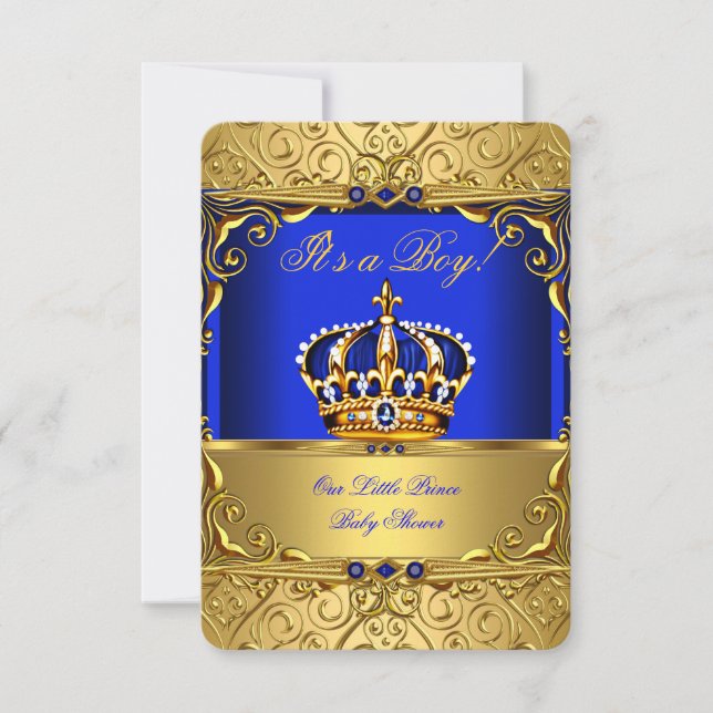 Royal Blue Damask Gold Crown Baby Shower Boy bsA Invitation (Front)