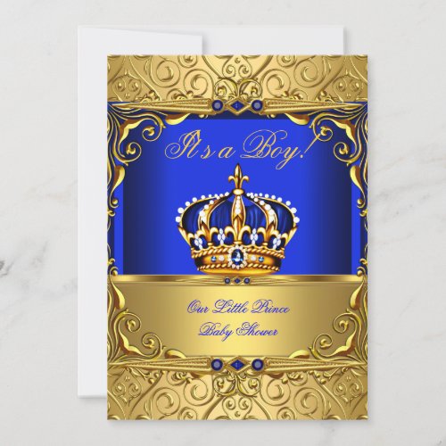 Royal Blue Damask Gold Crown Baby Shower Boy bsA Invitation