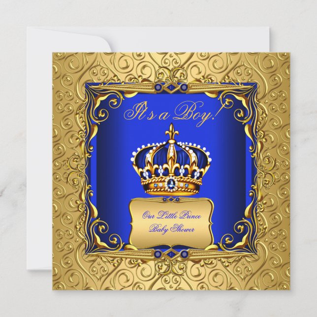 Royal Blue Damask Gold Crown Baby Shower Boy bsc Invitation (Front)