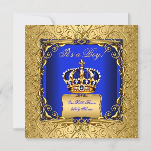 Royal Blue Damask Gold Crown Baby Shower Boy bsc Invitation