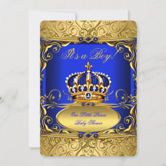 Royal Blue Damask Gold Crown Baby Shower Boy RB2 Invitation