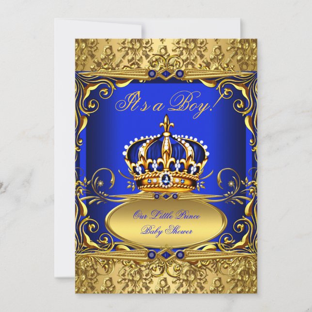 Royal Blue Damask Gold Crown Baby Shower Boy RB3 Invitation (Front)