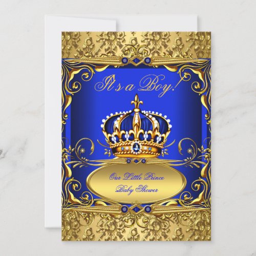 Royal Blue Damask Gold Crown Baby Shower Boy RB3 Invitation
