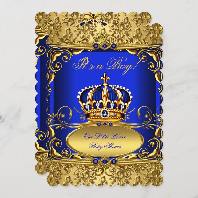 Royal Blue Damask Gold Crown Baby Shower Boy RB3 Invitation (Front/Back)