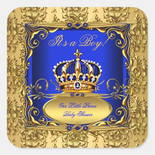 Royal Blue Damask Gold Crown Baby Shower Boy RB3 Square Sticker