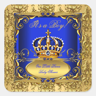 Royal Blue Damask Gold Crown Baby Shower Boy RB3 Square Sticker