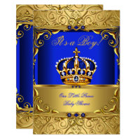 Royal Blue Damask Gold Crown Baby Shower Boy SMALL Card