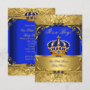 Royal Blue Damask Gold Crown Baby Shower Boy SMALL Invitation