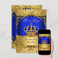 Royal blue and gold baby store shower invitations