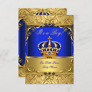 Royal Blue Damask Gold Crown Baby Shower Boy SMALL Invitation