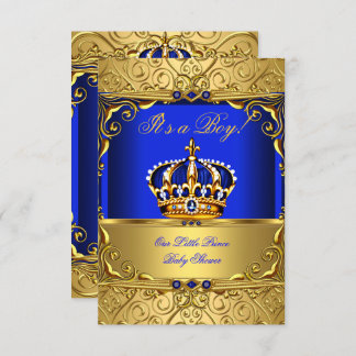 Royal Blue Damask Gold Crown Baby Shower Boy SMALL Invitation