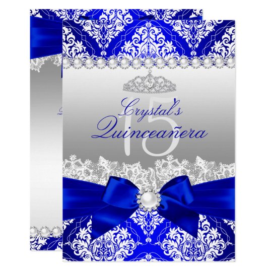 Royal Blue Damask Pearl Bow Quinceanera Invite