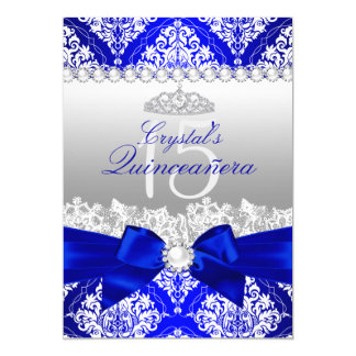 Royal Blue Damask & Pearl Bow Quinceanera Invite
