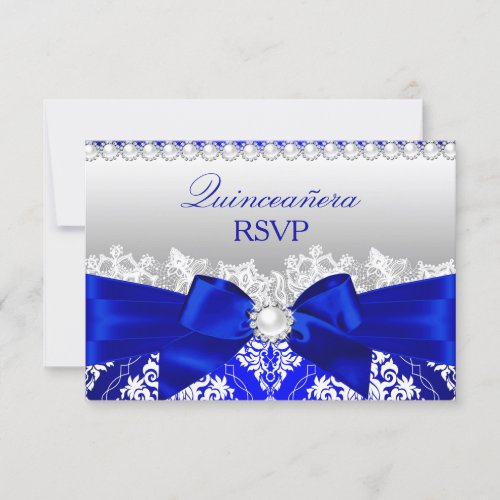 Royal Blue Damask  Pearl Bow Quinceanera RSVP