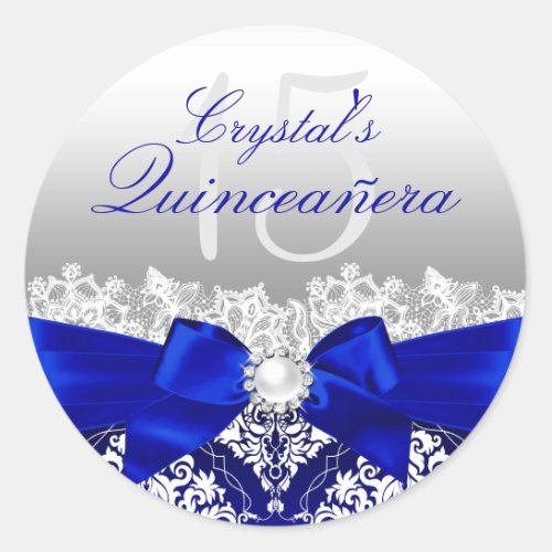 Royal Blue Damask  Pearl Bow Quinceanera Sticker