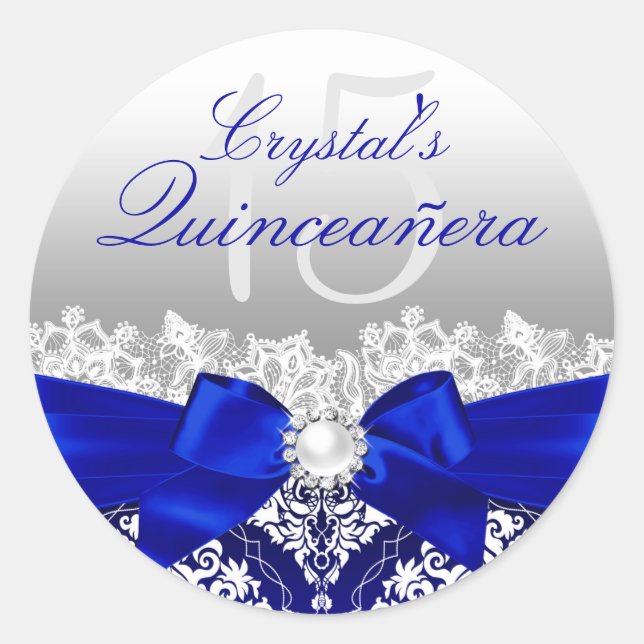 Royal Blue Damask & Pearl Bow Quinceanera Sticker (Front)