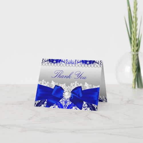 Royal Blue Damask  Pearl Bow Thank You Card