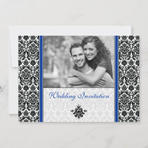 Royal Blue Damask Photo Wedding Invitation