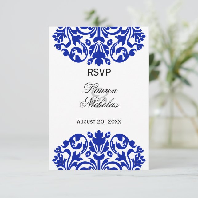 Royal Blue Damask RSVP Reply (Standing Front)