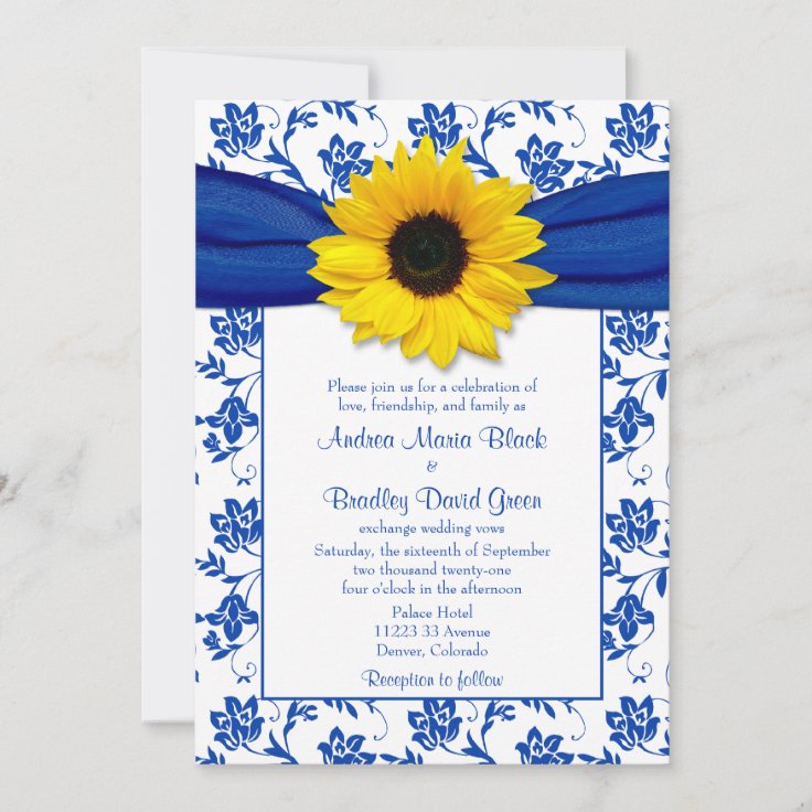 Royal Blue Damask Sunflower Wedding Invitation Zazzle