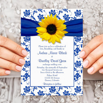Royal Blue Damask Sunflower Wedding Invitation by wasootch at Zazzle