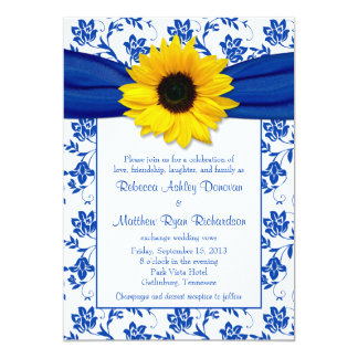 Royal Blue Damask Sunflower Wedding Invitation
