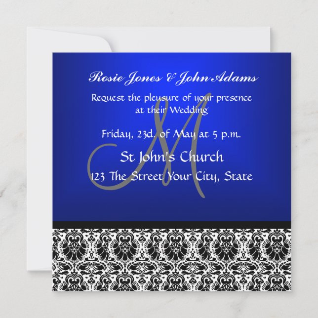 Royal Blue Damask Wedding Invitation (Front)