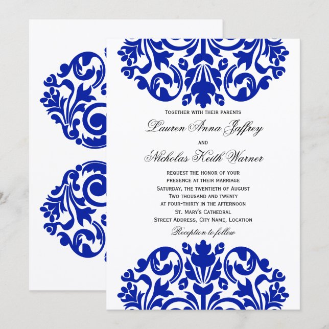 Royal Blue Damask Wedding Invitation (Front/Back)