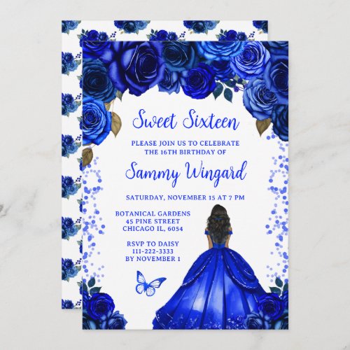 Royal Blue Dark Skin Princess Sweet Sixteen Invitation