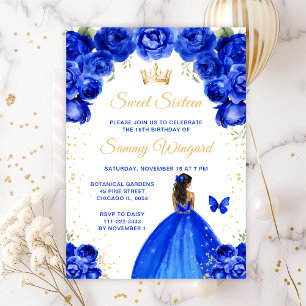 Royal Blue Dark Skin Princess Sweet Sixteen Invitation