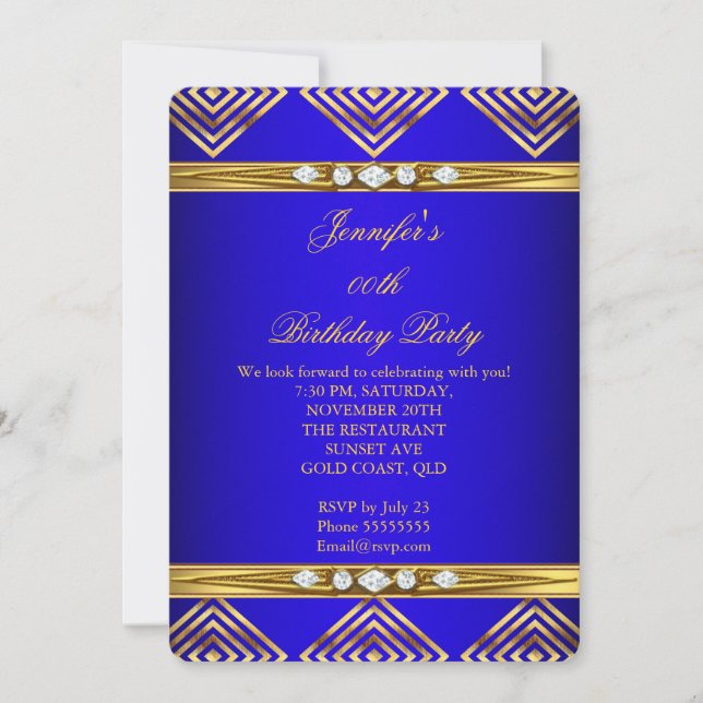 Royal Blue Deco Stripe Gold Diamond Party Invitation (Front)